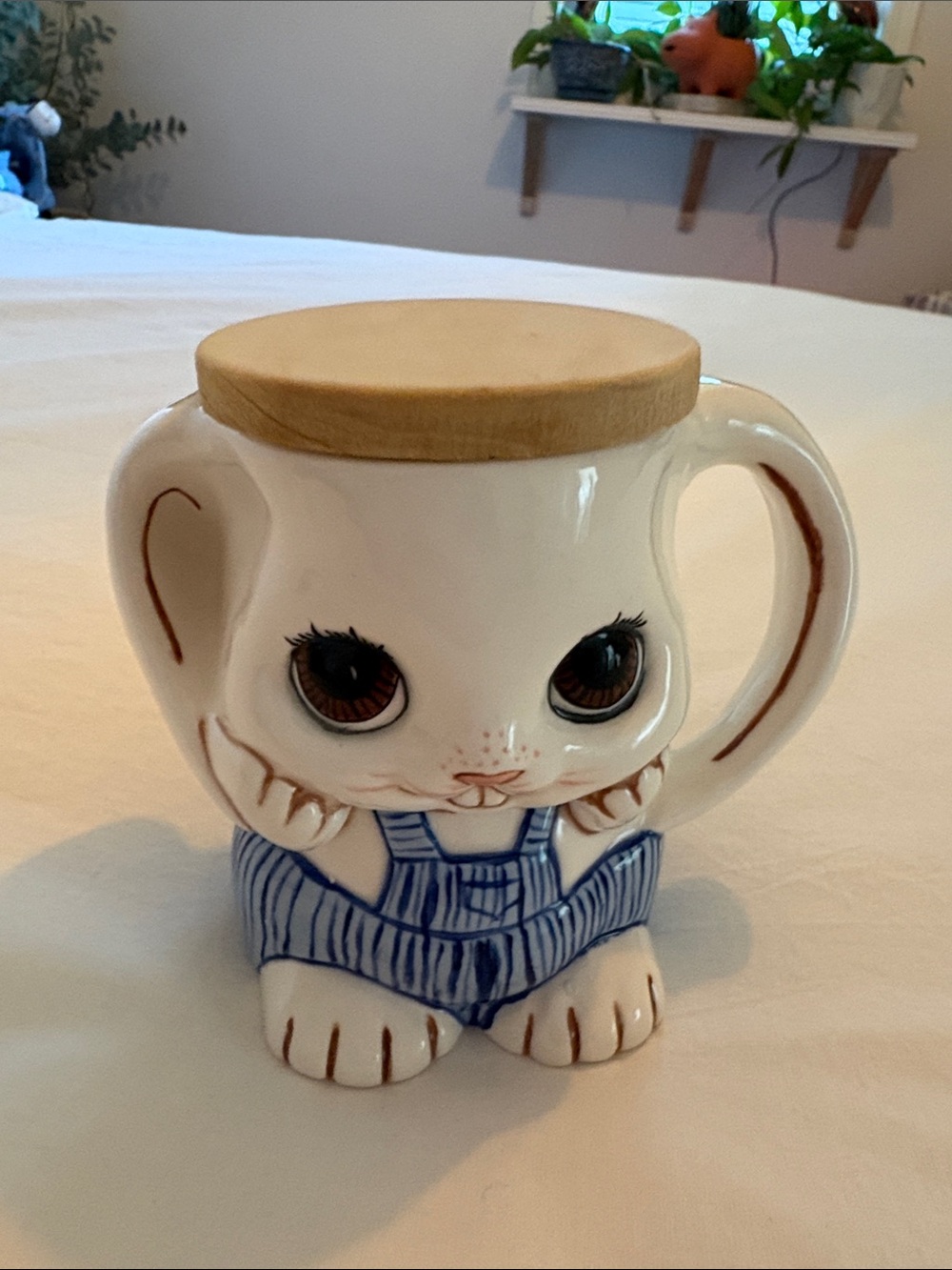 Vintage Ceramic Bunny Cookie Jar with Wood Lid - White & Blue